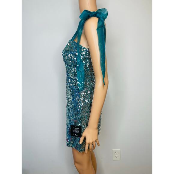 Lulus Dazzling Spectacle Teal and Silver Sequin Mini Dress Tie-Strap size S New - Picture 7 of 11
